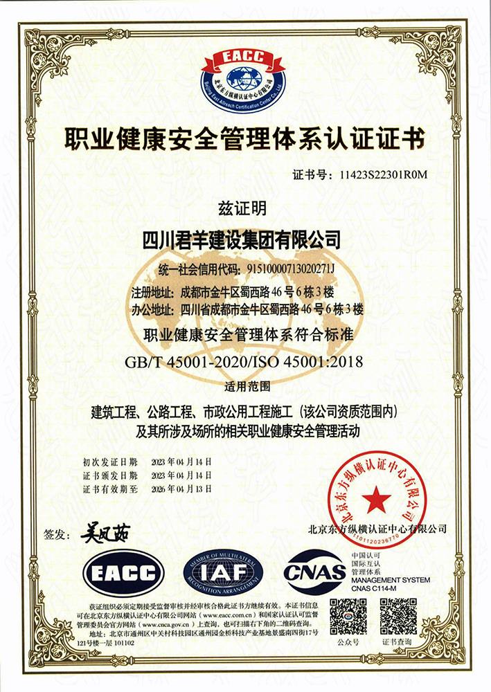 职业健康管理体系证书